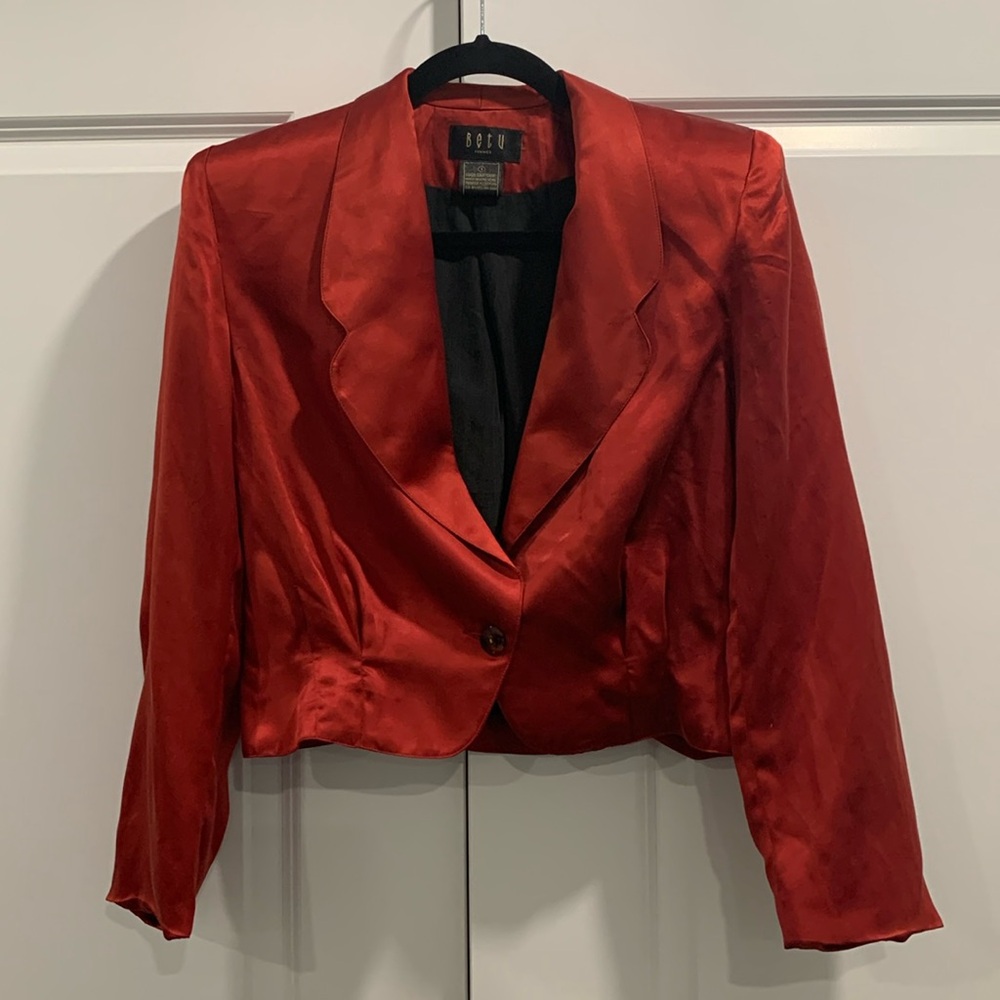 Vintage Red Silk Cropped Blazer by BETU 🔥 — Bold, Luxe & Totally '90s
